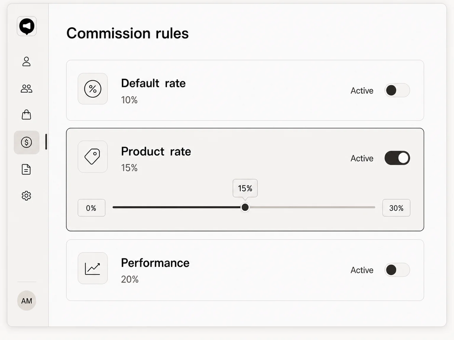 Demo commission settings for default, product, and performance rules