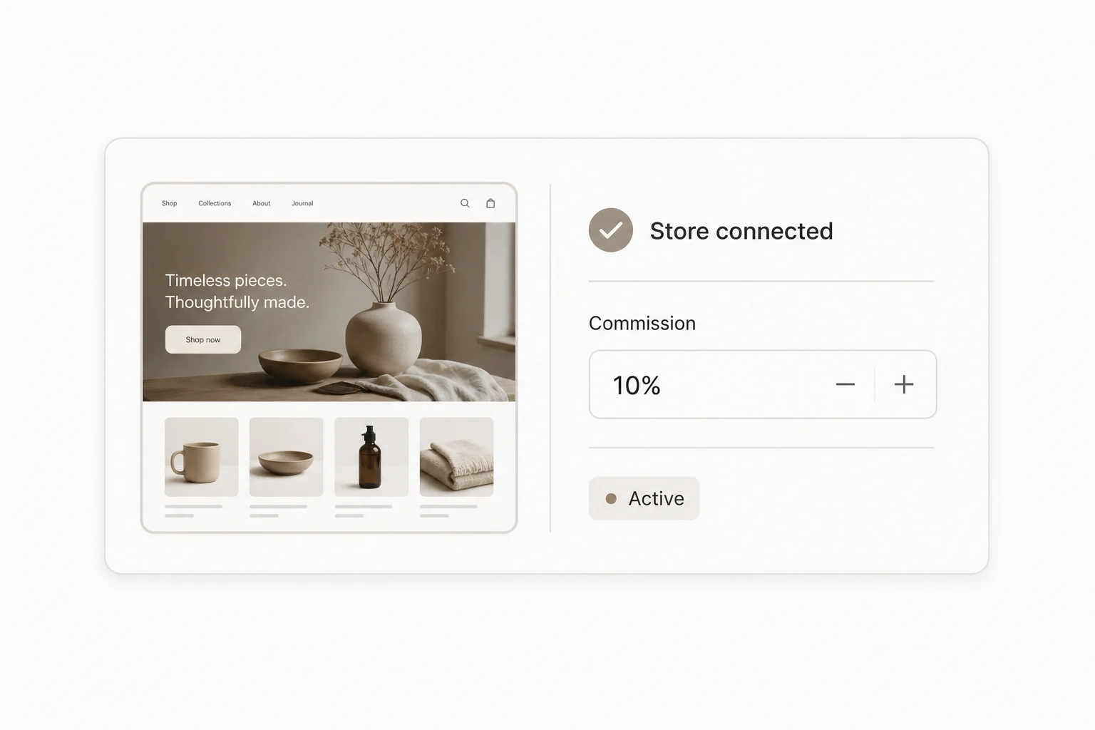 Conceptual Shopify store connection and commission setup