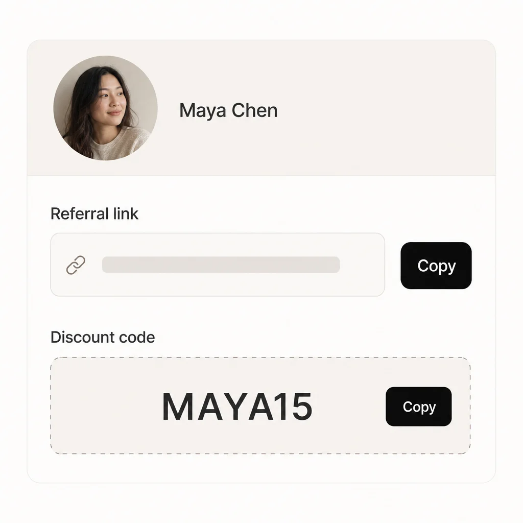 Conceptual referral link and discount code interface