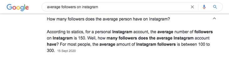 Average number of followers on Instagram