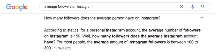 Average number of followers on Instagram