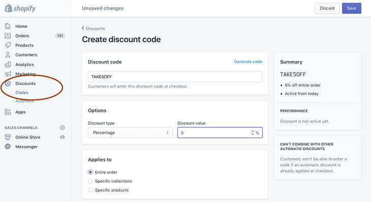Create a discount code in Shopify